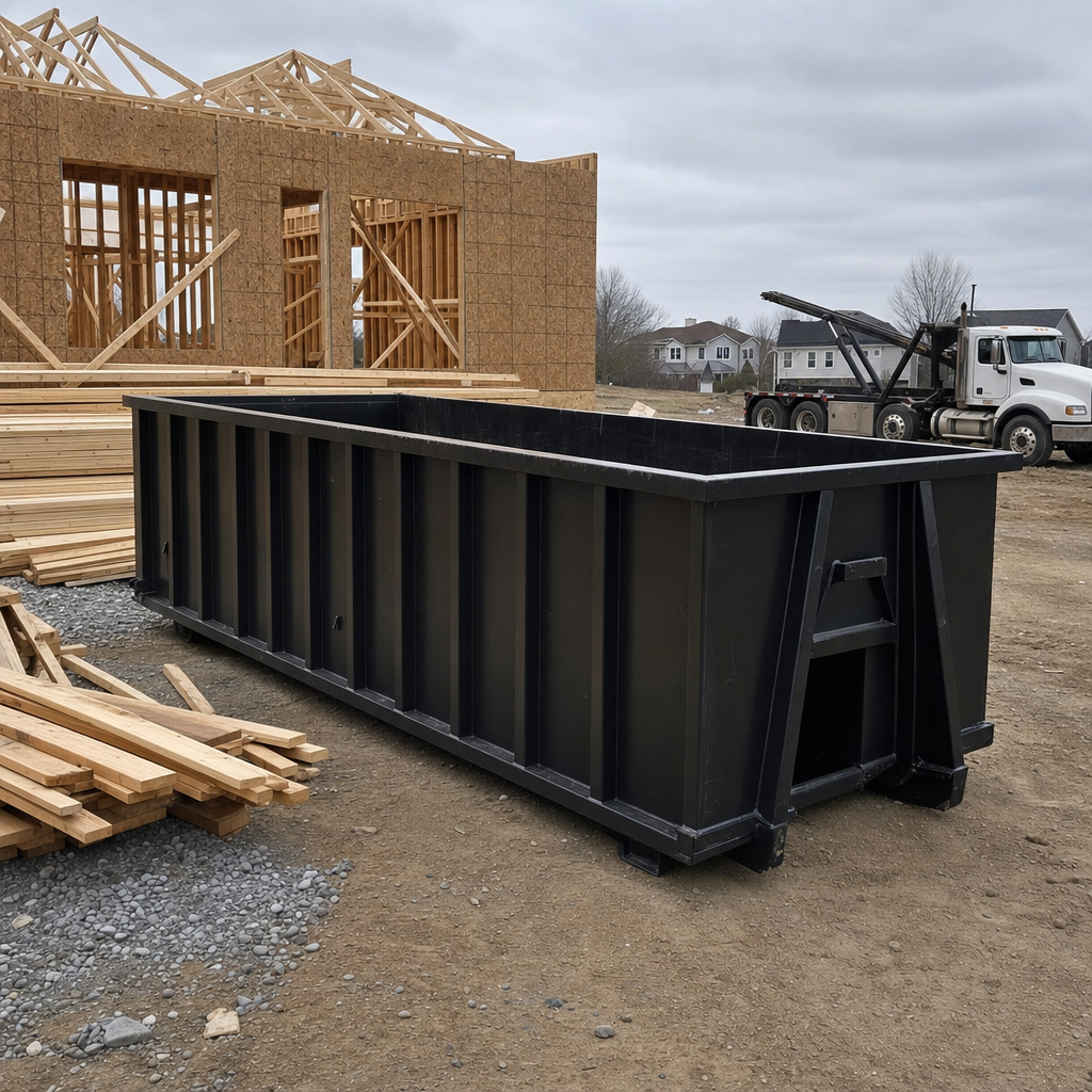Matte-black 40-yard roll-off dumpster staged on a framed-out residential construction site in Orinda, framing lumber stacked nearby, hooklift delivery truck visible in the background under bright Colorado daylight