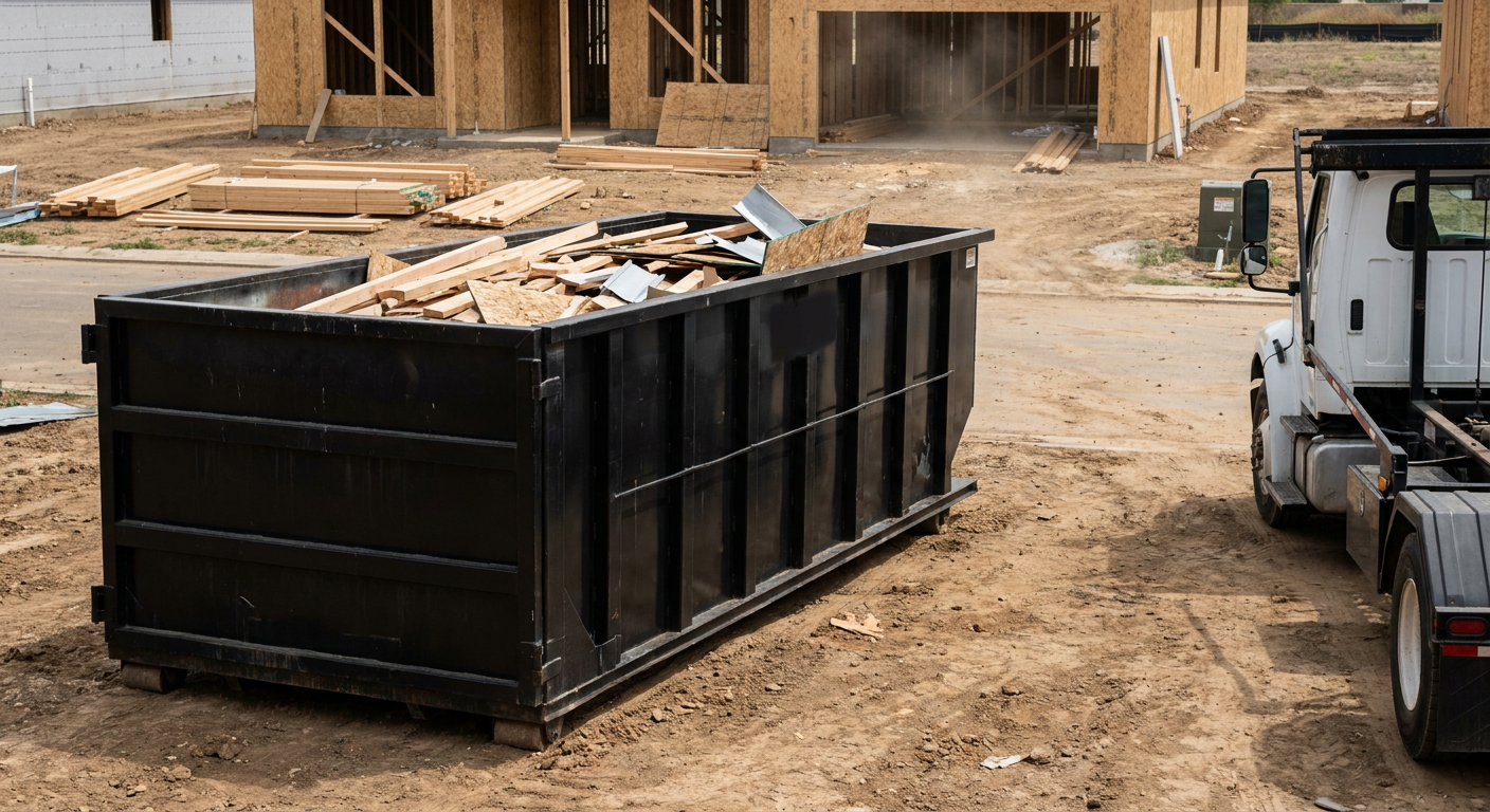 Matte-black 20-yard roll-off construction dumpster with heavy ribbed steel sidewalls and swing rear doors at a working jobsite in Orinda, sitting directly on compacted dirt with an unmarked white hauler partially visible at the far edge of the frame.
