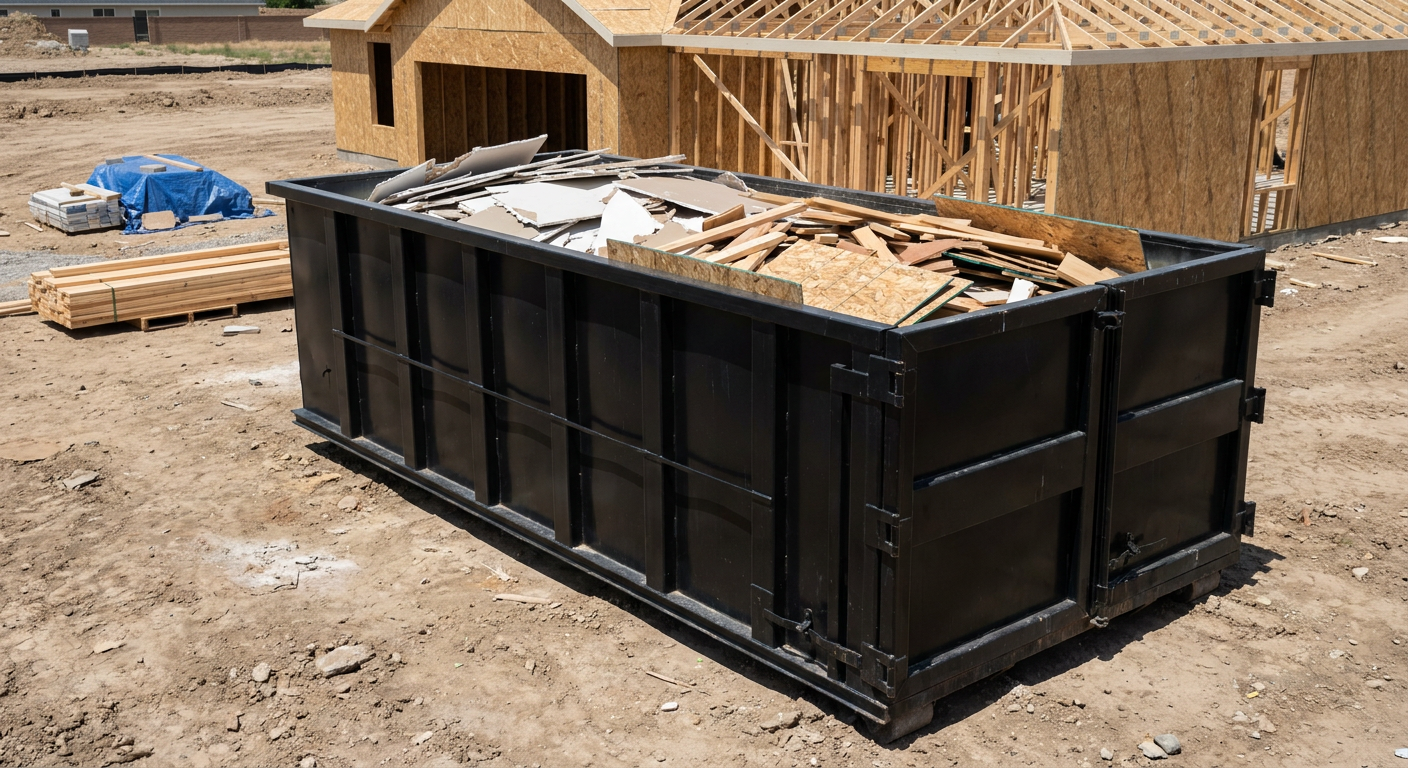Matte-black 30-yard roll-off construction dumpster sitting directly on the compacted-dirt site of a framed single-family home build in Orinda, drywall and lumber scrap loaded inside.
