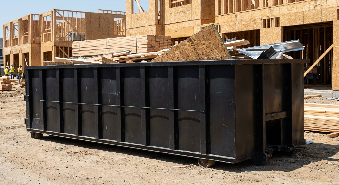 Matte-black 40-yard roll-off construction dumpster being lowered from a white-cab hooklift delivery truck onto the compacted-dirt jobsite at a commercial build site in Orinda