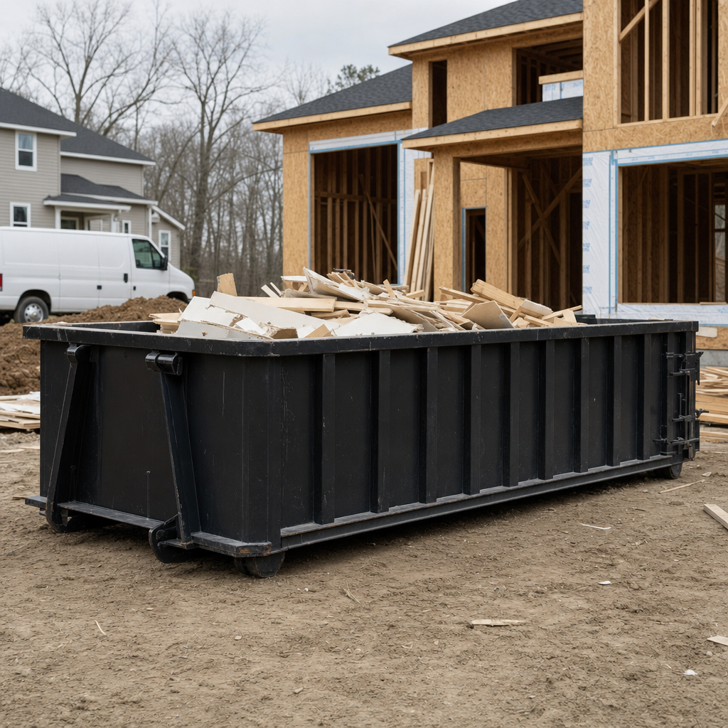 Worker in a yellow high-visibility vest tossing framing lumber and broken drywall into a matte-black 30-yard construction roll-off dumpster on an active build site in Orinda, bright daylight