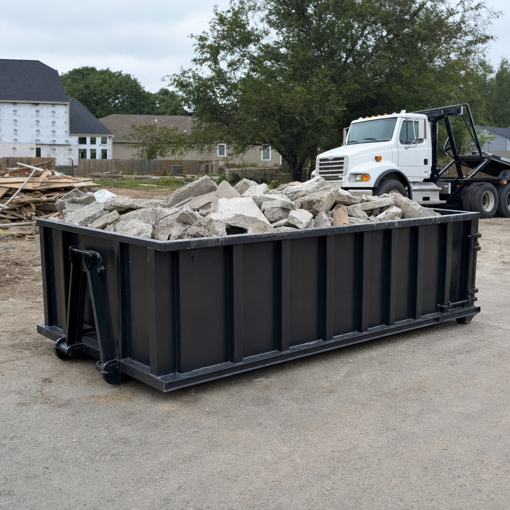 Low-profile matte-black lowboy roll-off dumpster loaded with broken concrete slab and rebar at a foundation tear-out in Orinda, skid steer parked beside it, sunny Colorado morning