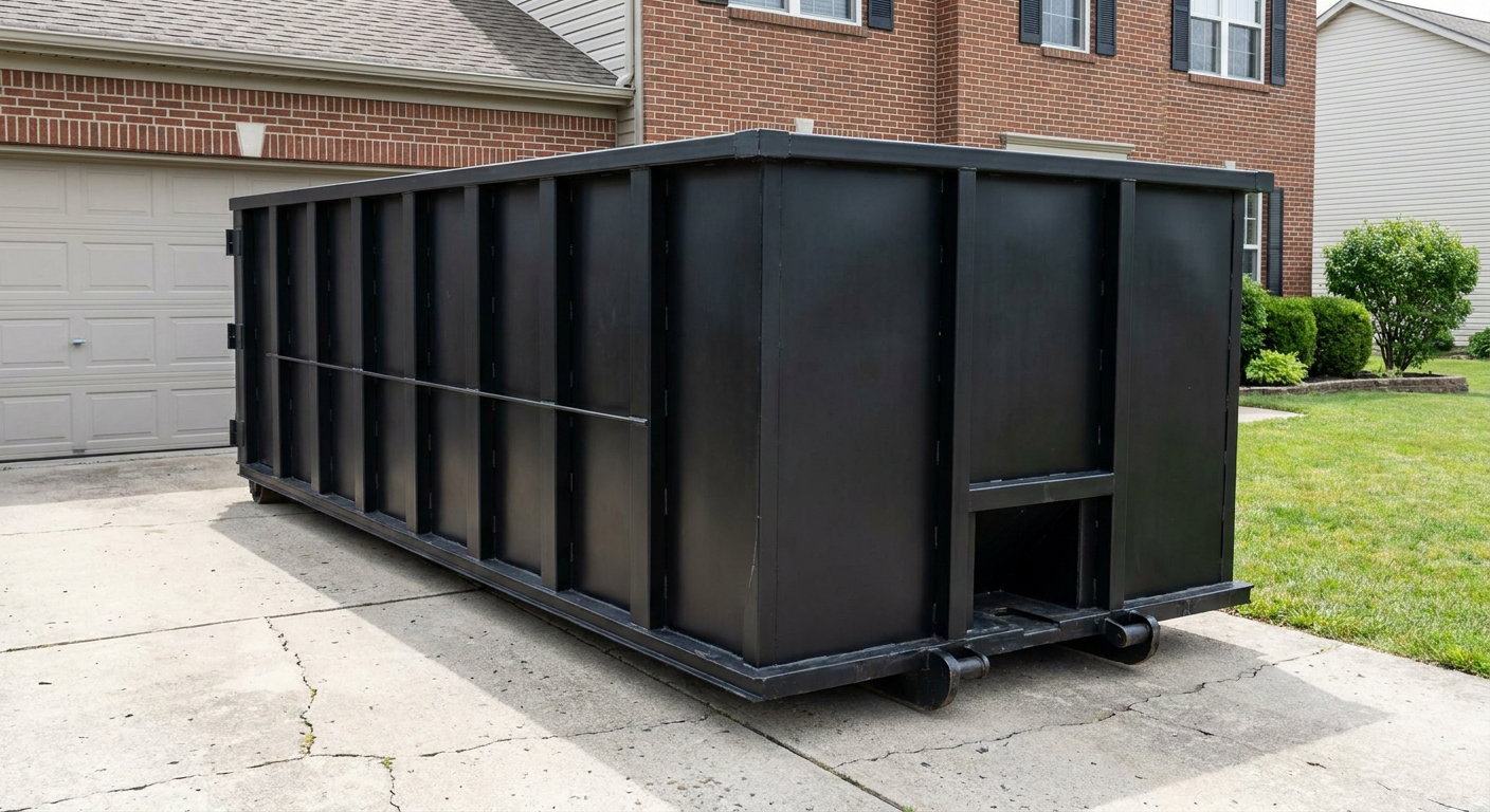 Matte-black 20-yard roll-off container on a Orinda residential concrete driveway with reinforced ribbed steel sidewalls and a hinged rear walk-in door, clean bright daylight.