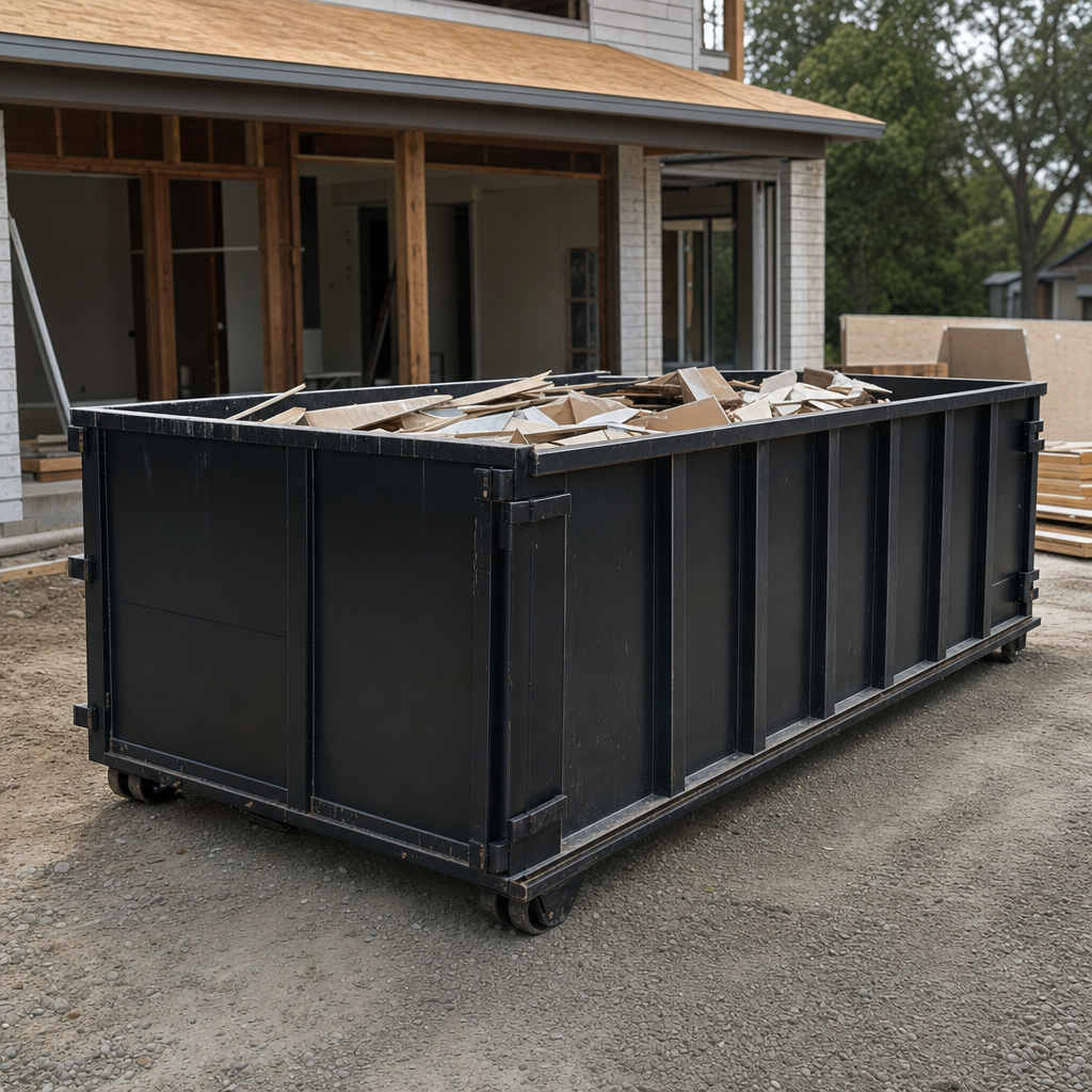 Large matte-black 30-yard construction roll-off dumpster at an active Orinda jobsite, steel-gray top rails and bottom rollers visible, loaded with construction debris.