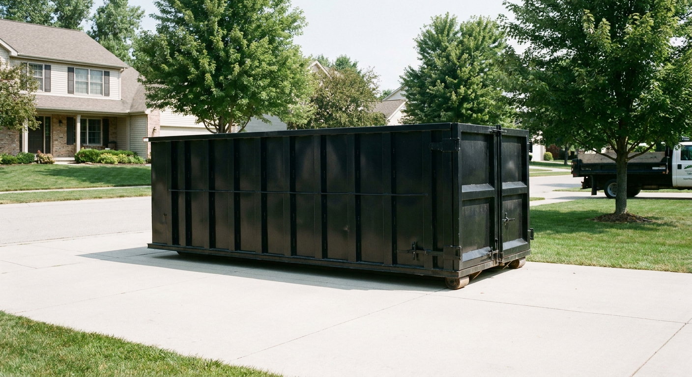 Matte-black 20-yard roll-off dumpster sitting level on a clean Orinda residential concrete driveway under bright daylight, demonstrating clean placement directly on the concrete.
