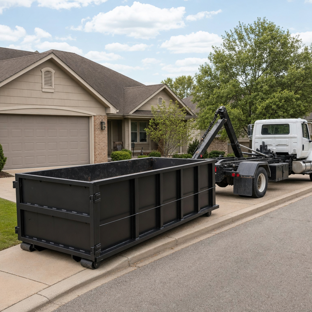 Wide documentary shot of a matte-black roll-off dumpster on a Orinda residential driveway in the foreground and a contractor jobsite container in the soft-focus background, bright daylight, calm and orderly composition.