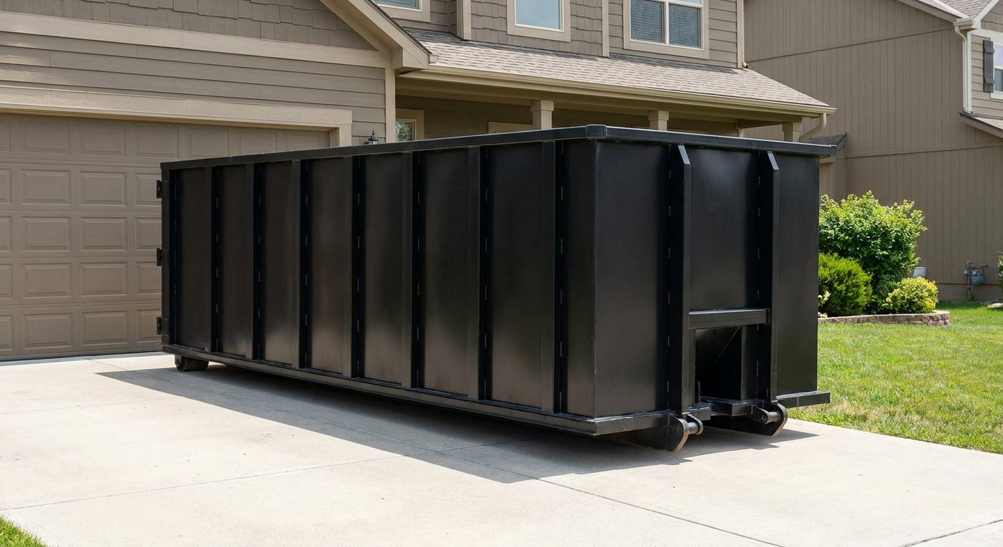 Matte-black residential roll-off dumpster sitting directly on a suburban Orinda concrete driveway, garage door closed, single-family home in background, bright morning daylight.