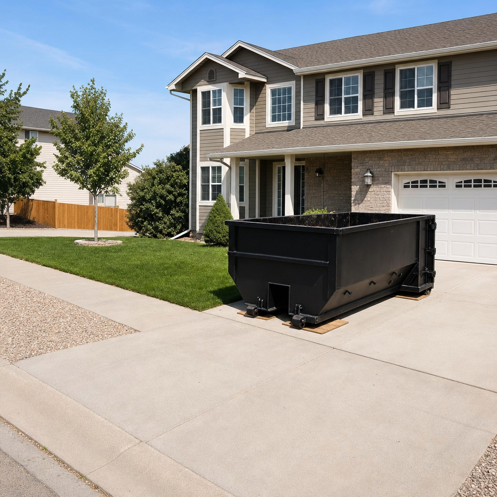 10-yard matte-black residential dumpster placed directly on a narrow Orinda concrete driveway, room remains for a parked sedan beside it, mid-morning natural light