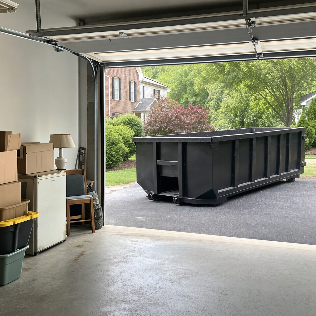 Open garage interior in a Orinda home mid-cleanout — boxed items, an old appliance, and stacked yard tools queued near the driveway for a matte-black roll-off dumpster, organized and calm