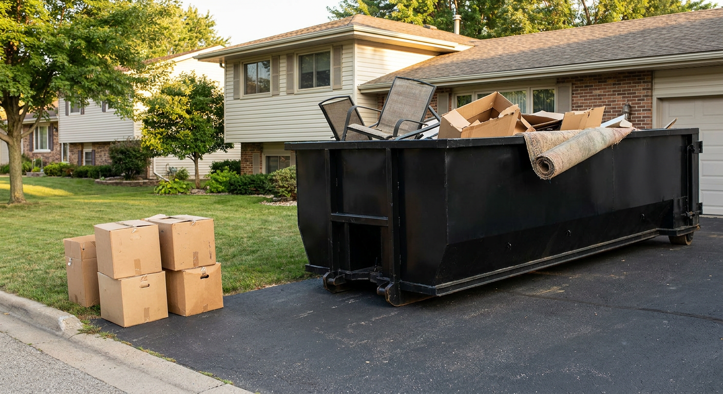 Front-yard view of a Orinda split-level home with a 20-yard matte-black roll-off dumpster sitting directly on the asphalt driveway, a few clearly labeled donation boxes staged at the curb, calm sunny afternoon.