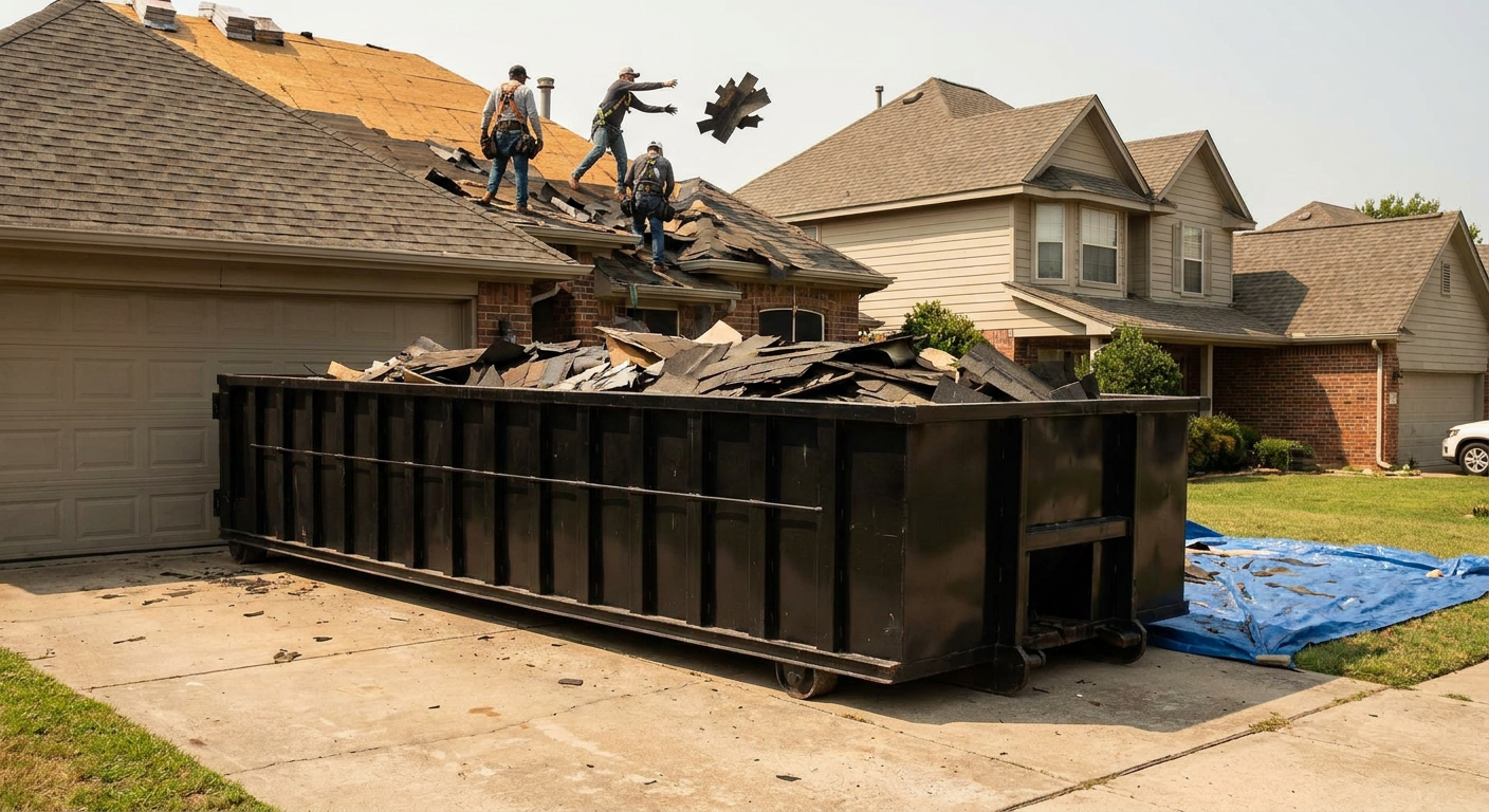 Matte-black roofing roll-off dumpster placed directly on a Orinda residential concrete driveway, a tear-off crew on a two-story asphalt-shingle roof tossing shingle bundles into the low-walled container, bright daylight, documentary 35mm perspective.