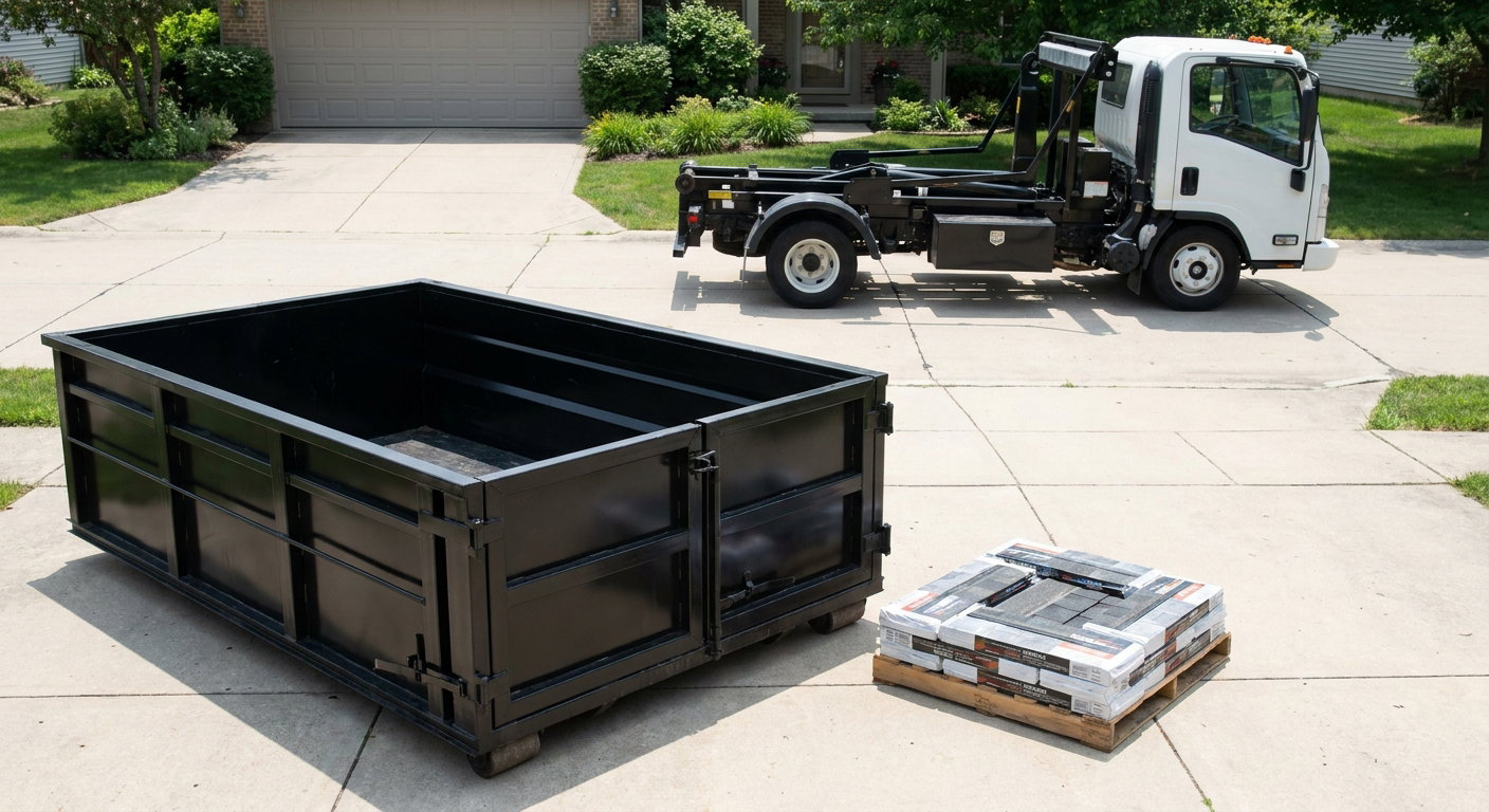 Matte-black 15-yard roofing roll-off dumpster with reinforced low side walls sitting directly on a Orinda residential concrete driveway, three-tab asphalt shingle bundles stacked nearby, an unmarked white hauler truck partially visible at the edge of the frame.