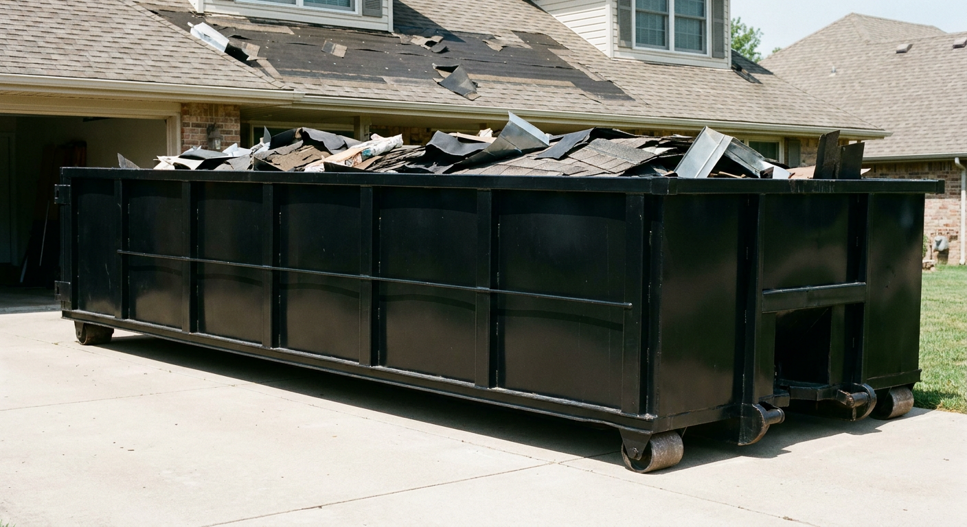 Matte-black 20-yard roofing roll-off dumpster with steel ribbed sides and swinging rear door, sitting directly on the concrete driveway of a two-story Orinda home, asphalt shingle debris being loaded over the low wall, clean documentary lighting.