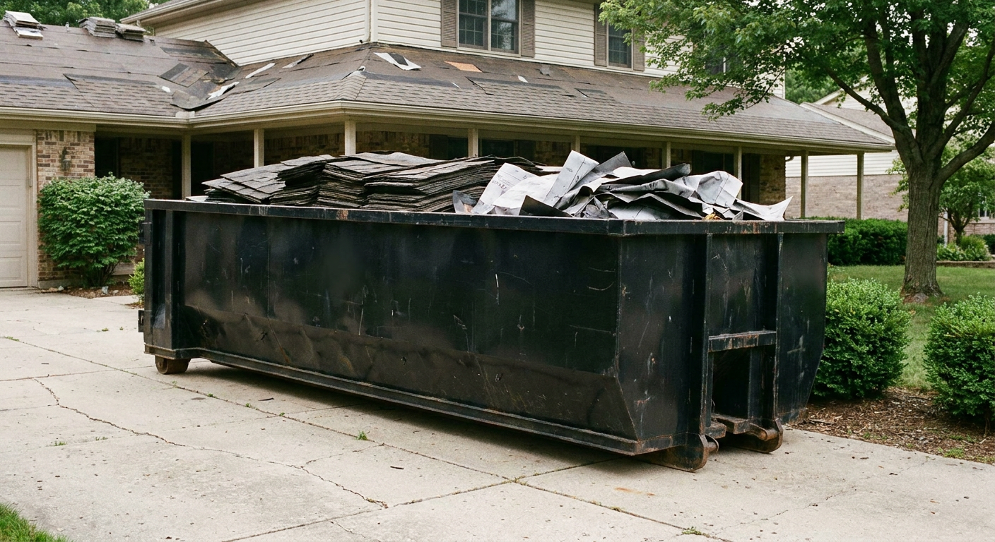 Matte-black 30-yard roofing roll-off dumpster sitting directly on a Orinda concrete driveway, taller ribbed steel side panels, mixed tear-off debris of asphalt shingles and underlayment inside, professional documentary daylight.