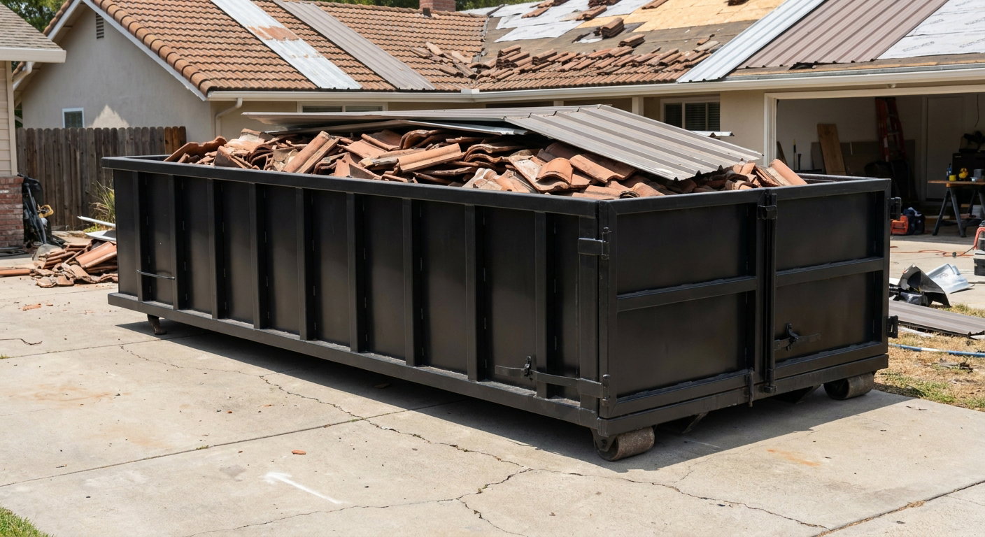 Matte-black low-wall heavy-debris roofing roll-off dumpster sitting directly on a Orinda concrete driveway, broken concrete clay roof tiles and metal panel sections loaded inside, reinforced ribbed steel side walls visible, bright outdoor daylight.