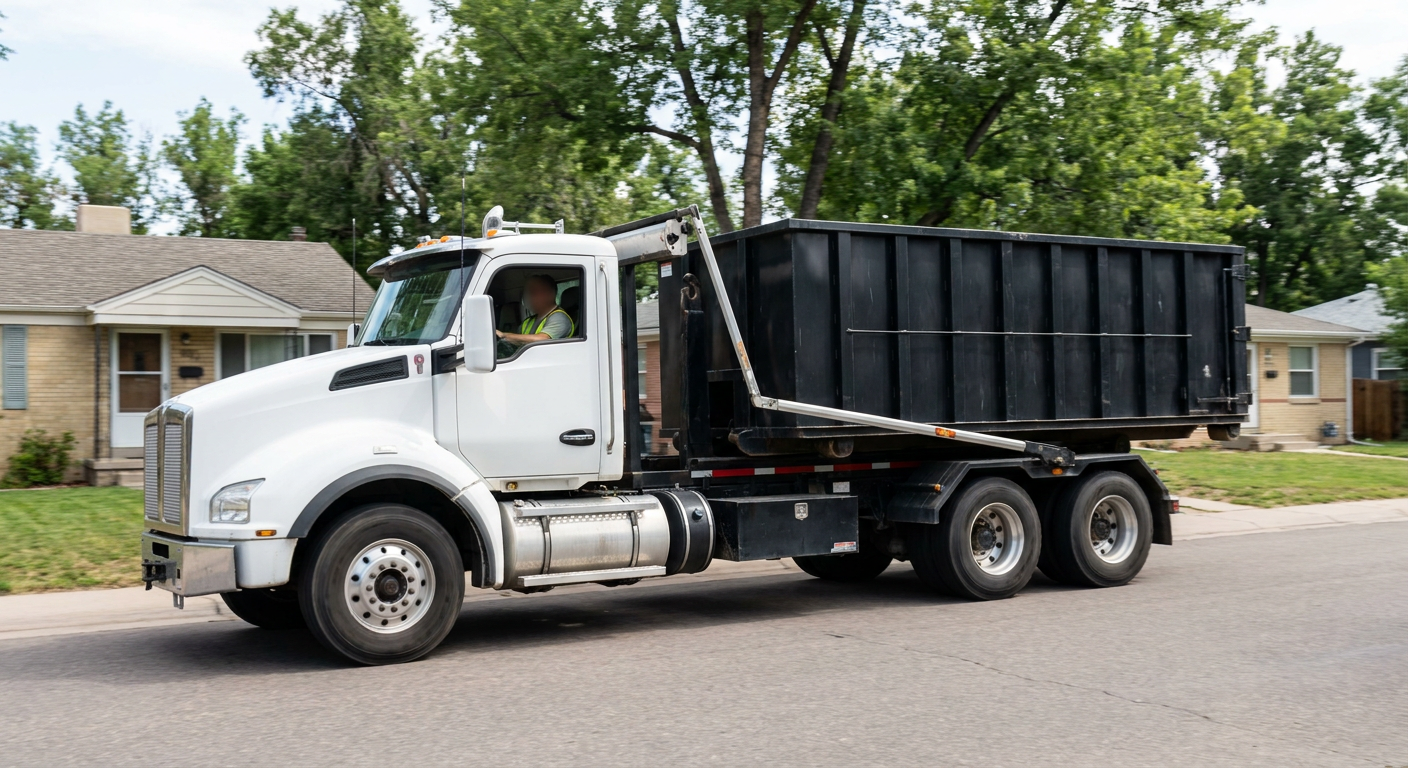 A wide documentary shot of a matte-black roll-off delivery truck pulling onto a quiet Orinda residential street at mid-morning, with neighborhood rooftops and tree-lined blocks visible behind, showing the metro coverage footprint.