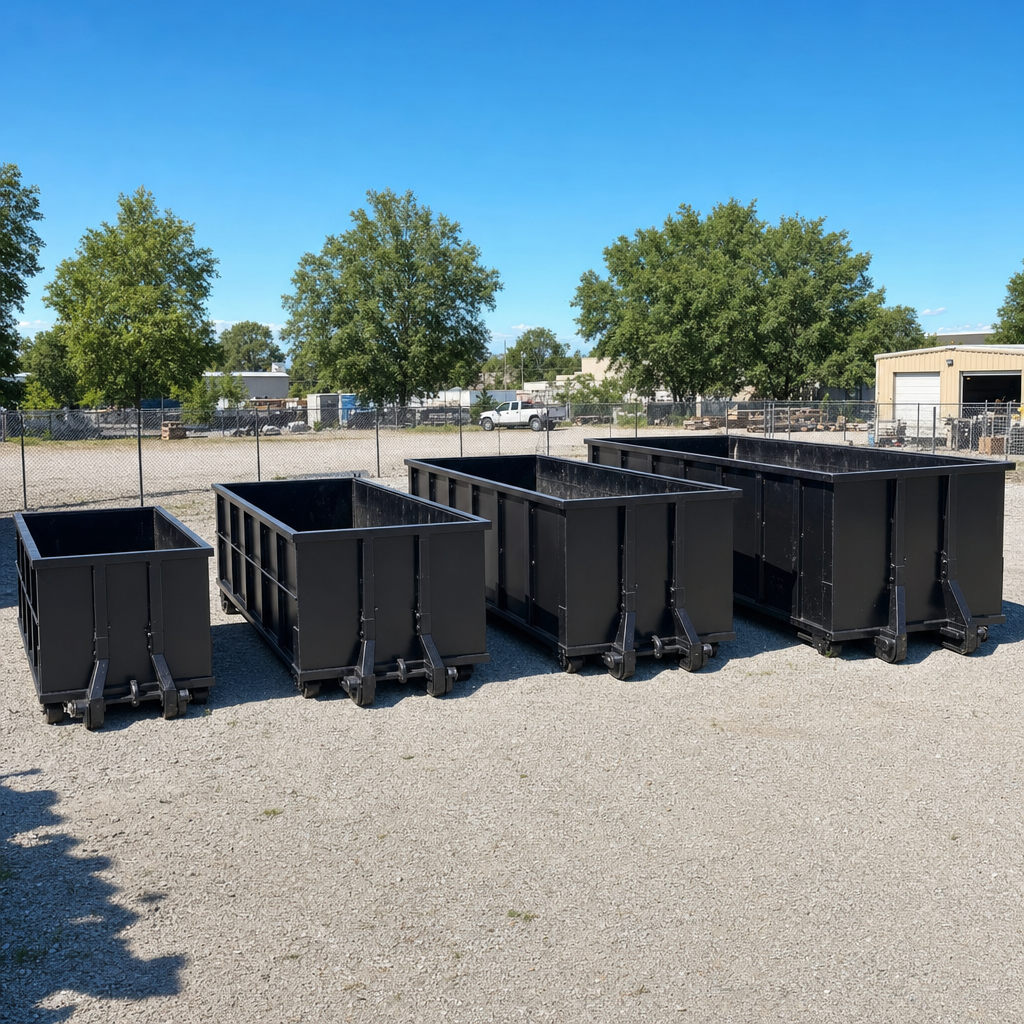 A clean lineup of matte-black roll-off dumpsters in 10, 20, 30, and 40-yard sizes staged on a sunlit gravel yard in Orinda, showing the size progression from compact to commercial-scale containers.