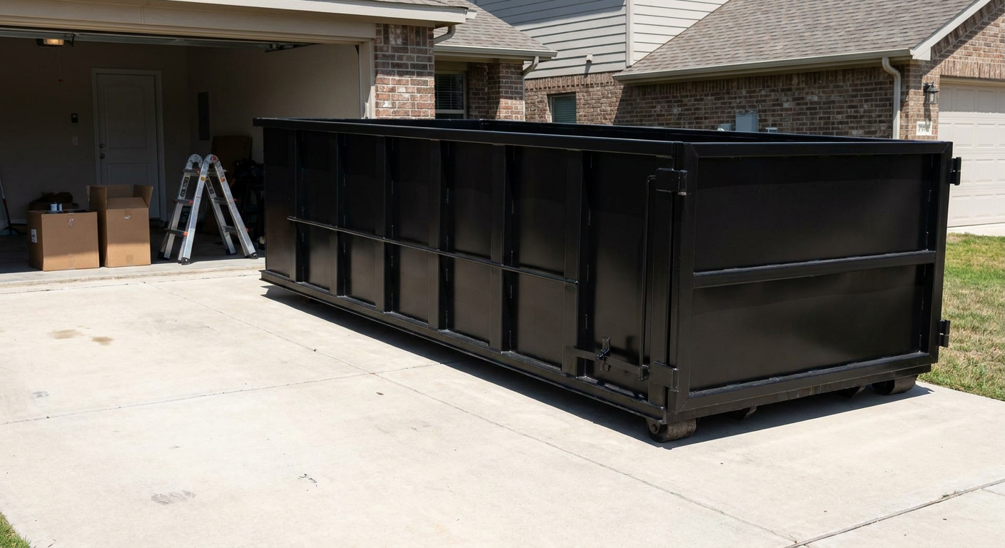 A matte-black 10-yard roll-off dumpster sitting directly on a residential Orinda concrete driveway, mid-day sunlight, clean and ready for a garage cleanout.