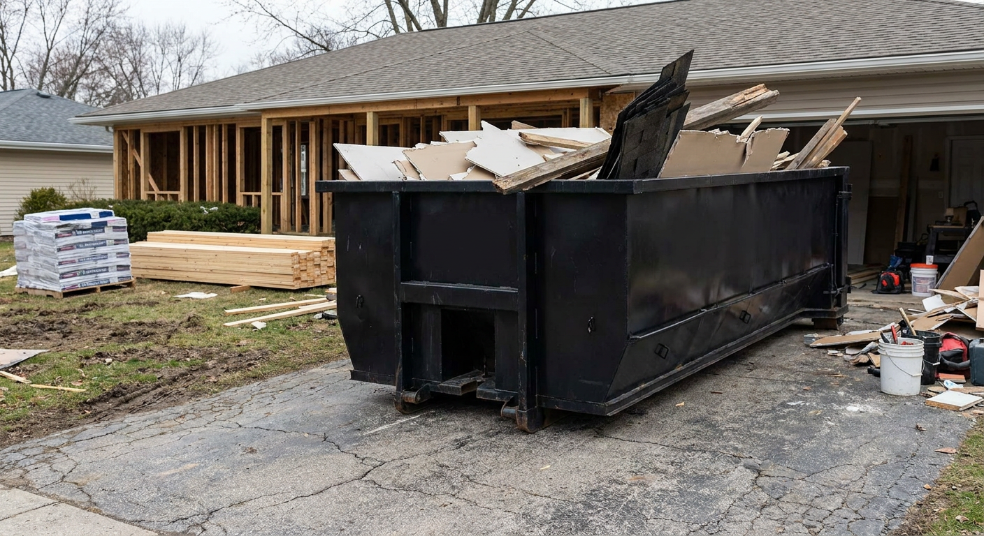 A matte-black 20-yard roll-off dumpster placed alongside a mid-renovation Orinda home directly on the asphalt driveway, with framing materials and torn-off shingles staged neatly nearby.