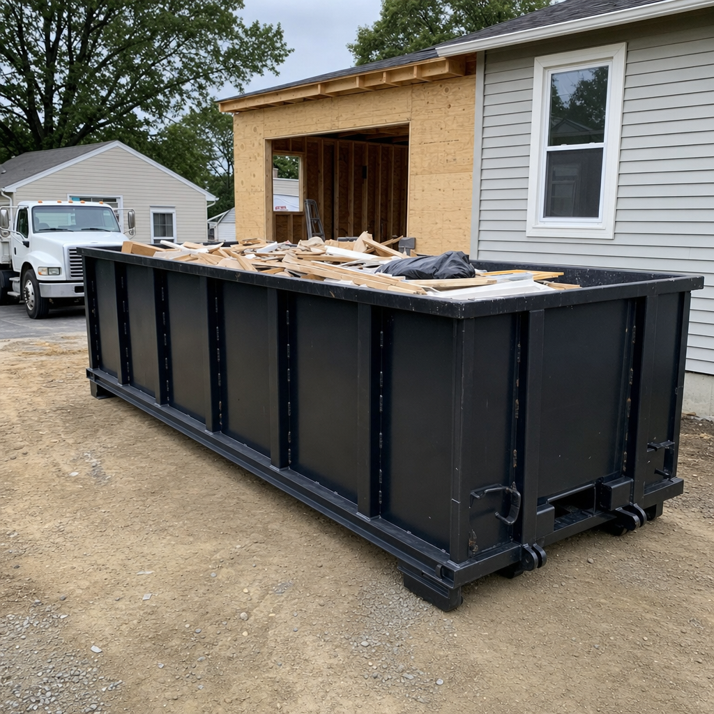 A matte-black 30-yard roll-off dumpster positioned at a Orinda residential addition jobsite, with framing lumber and drywall scraps loaded through the open swinging rear doors.