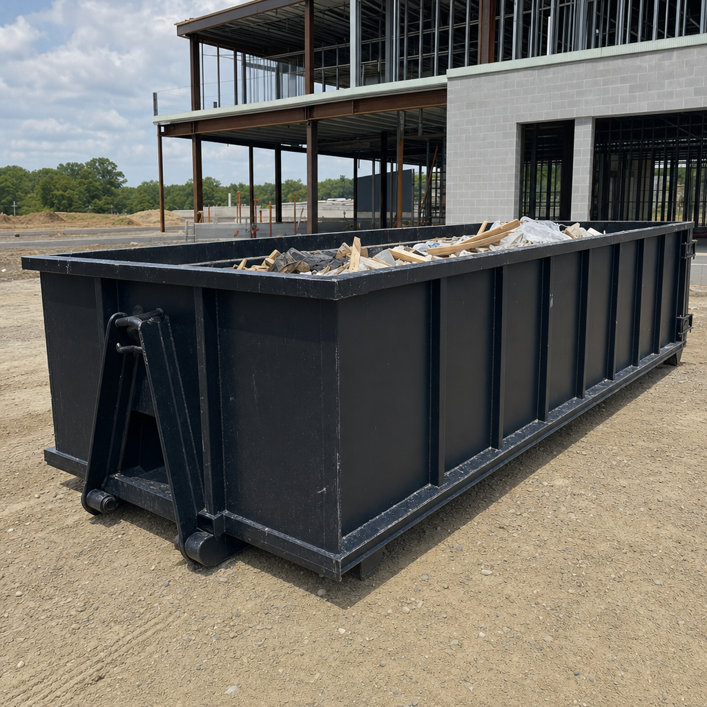 A matte-black 40-yard roll-off dumpster staged on a large Orinda commercial construction lot, with a hooklift delivery truck parked alongside under bright midday sky.
