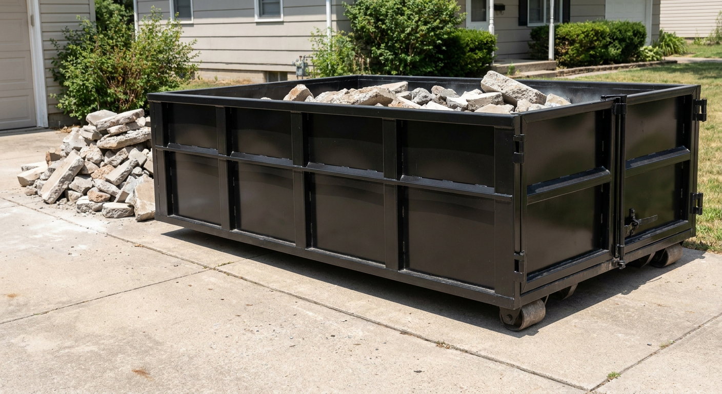 A matte-black low-side heavy-debris roll-off dumpster placed directly on a Orinda concrete driveway, with broken concrete chunks neatly stacked beside it under clean daylight.
